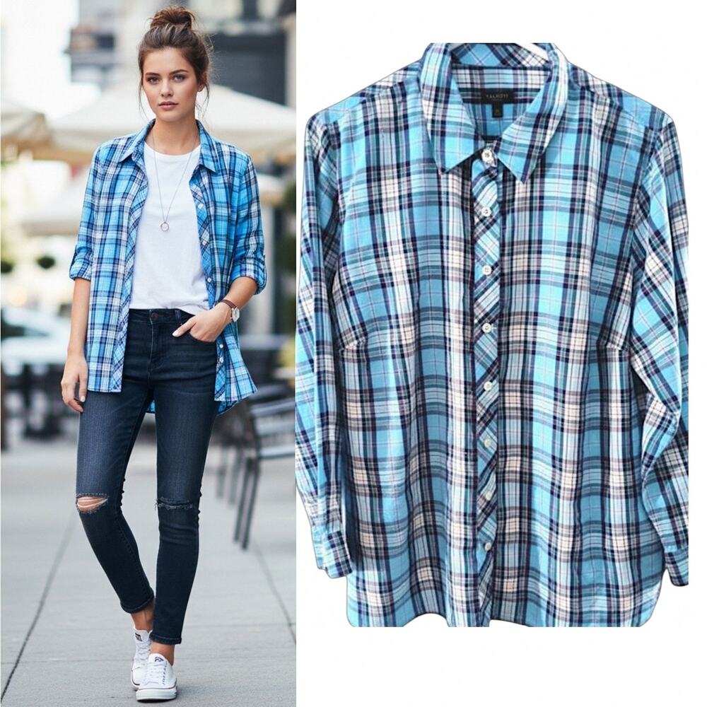 Talbots Plus Plaid Flannel Shirt 2XP Blue Metallic Long Sleeve Button Down